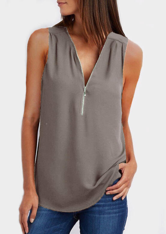 

Solid Zipper V-Neck Tank, Gray, 440391