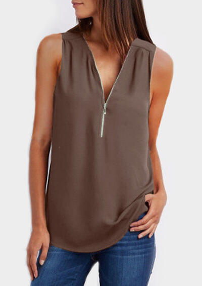 

Solid Zipper V-Neck Tank, Sky blue;coffee, 440392