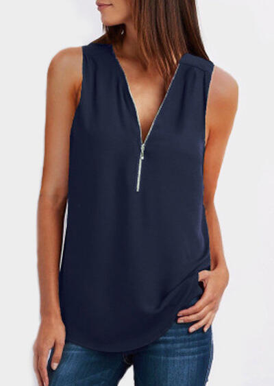 

Solid Zipper V-Neck Tank, Navy blue, 440394