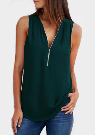 

Solid Zipper V-Neck Tank, Dark green, 440397