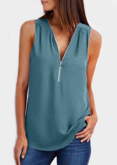 

Solid Zipper V-Neck Tank, Cyan, 440399