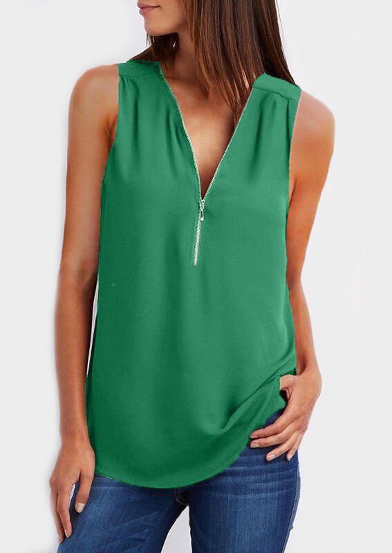 

Solid Zipper V-Neck Tank, Green, 440387