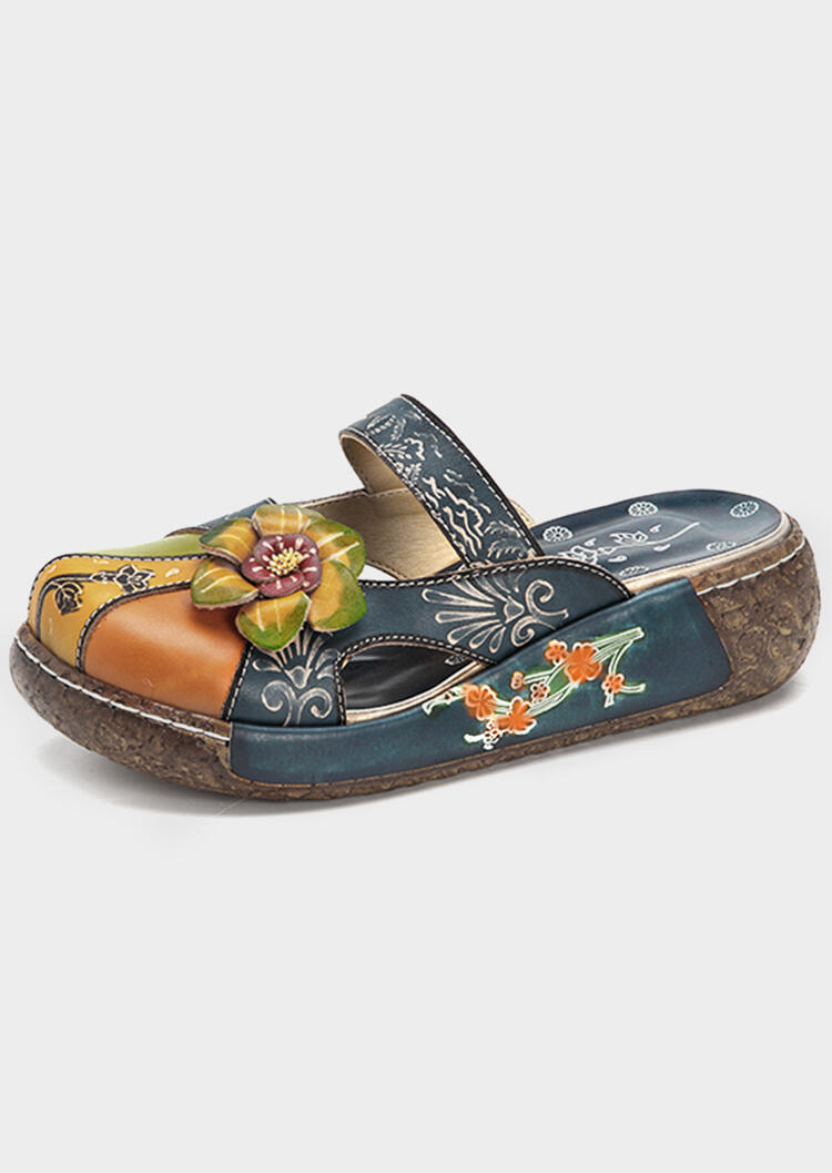 Flower Round Toe Leather Slippers