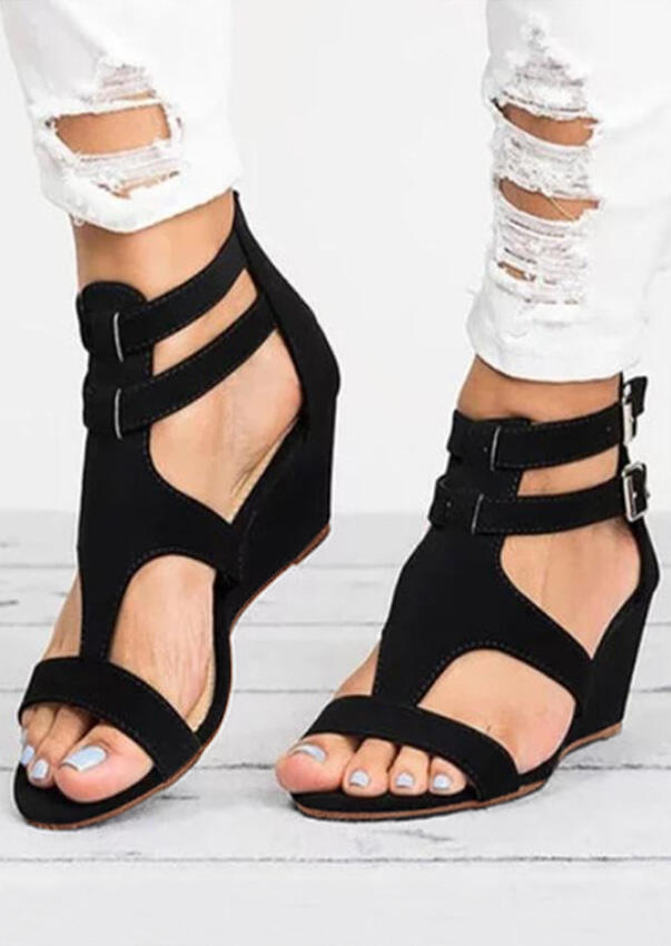 

Leopard Printed Buckle Strap Sandals, Black, 440916