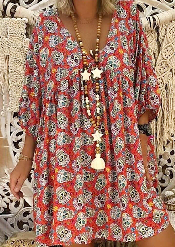 Skull Floral V-Neck Mini Dress without Necklace