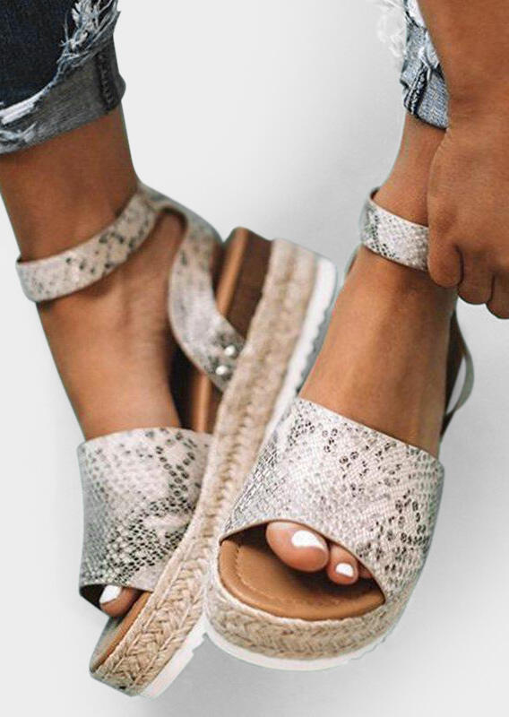 Snake Skin Printed Buckle Strap Wedge Sandals