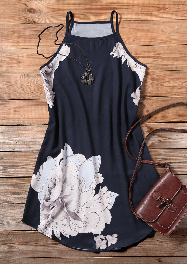 Floral Sleeveless Mini Dress - Navy Blue