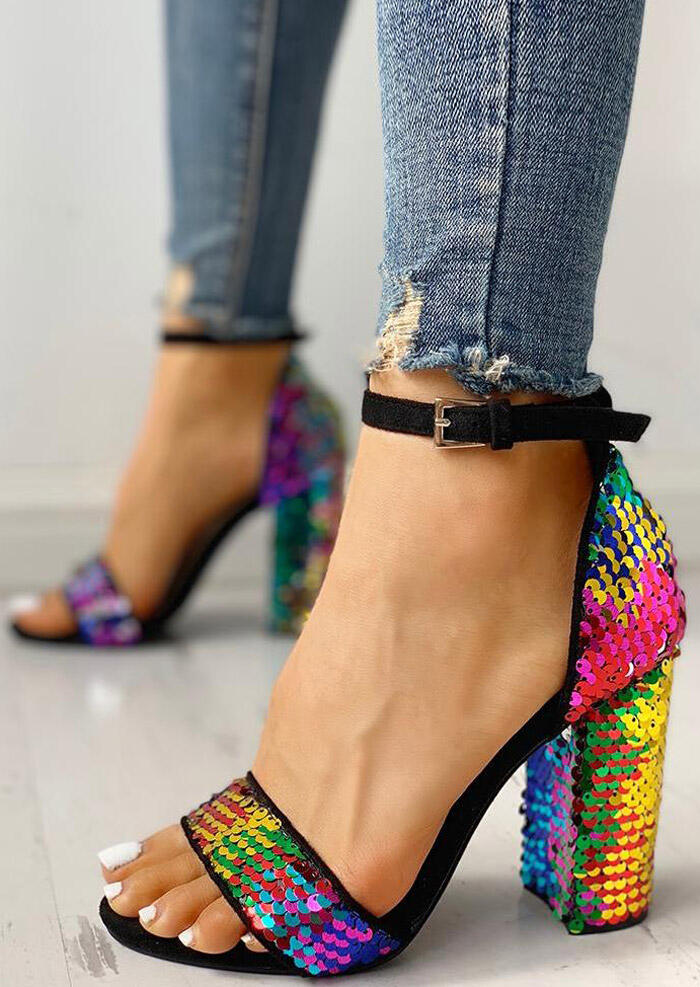 Sequined Ankle Strap Heeled Sandals