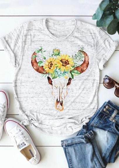 

Floral Bull Skull Short Sleeve T-Shirt Tee - Light Grey, 404493