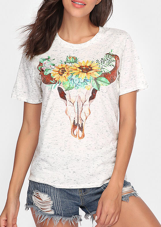 Floral Bull Skull Short Sleeve T Shirt Bellelily 9038