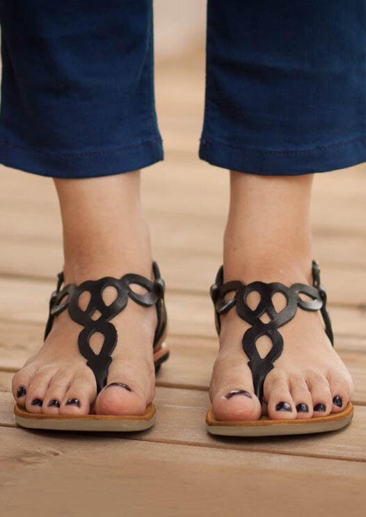 Solid Round Toe Flat Sandals - Black