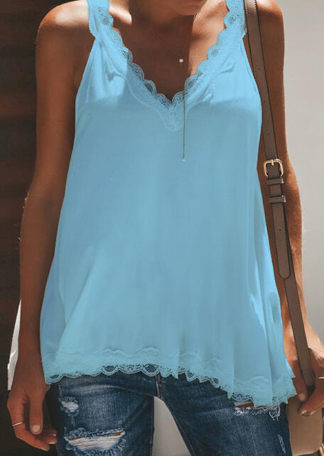 Solid Lace Splicing V-Neck Tank - Light Blue