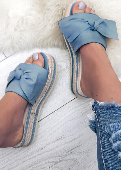 Solid Bowknot Platform Slippers - Sky Blue