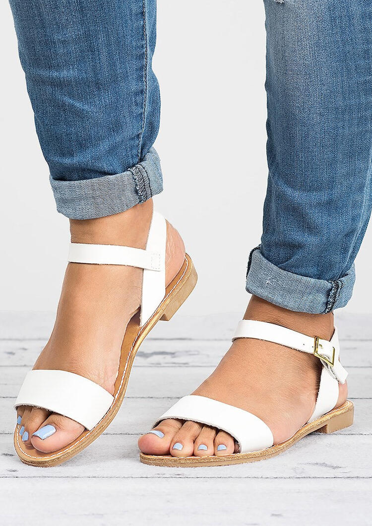 Solid Buckle Strap Flat Sandals - White