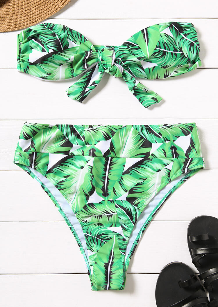 Leaf Printed Knot Bikini Set Green Bellelily
