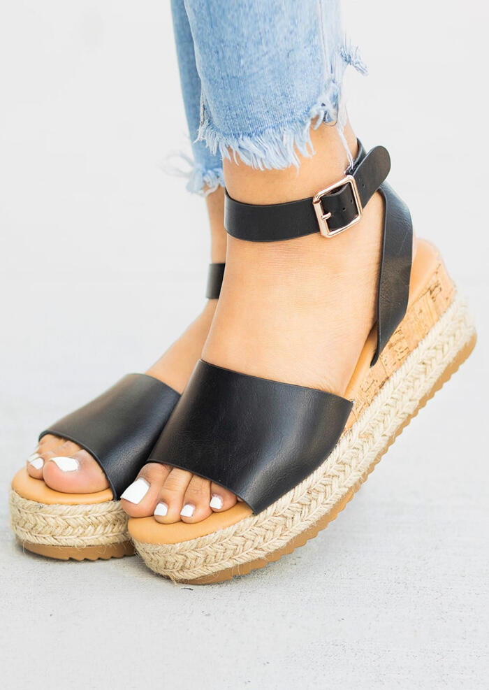 Ankle Strap Espadrille Wedge Sandals - Black - Bellelily