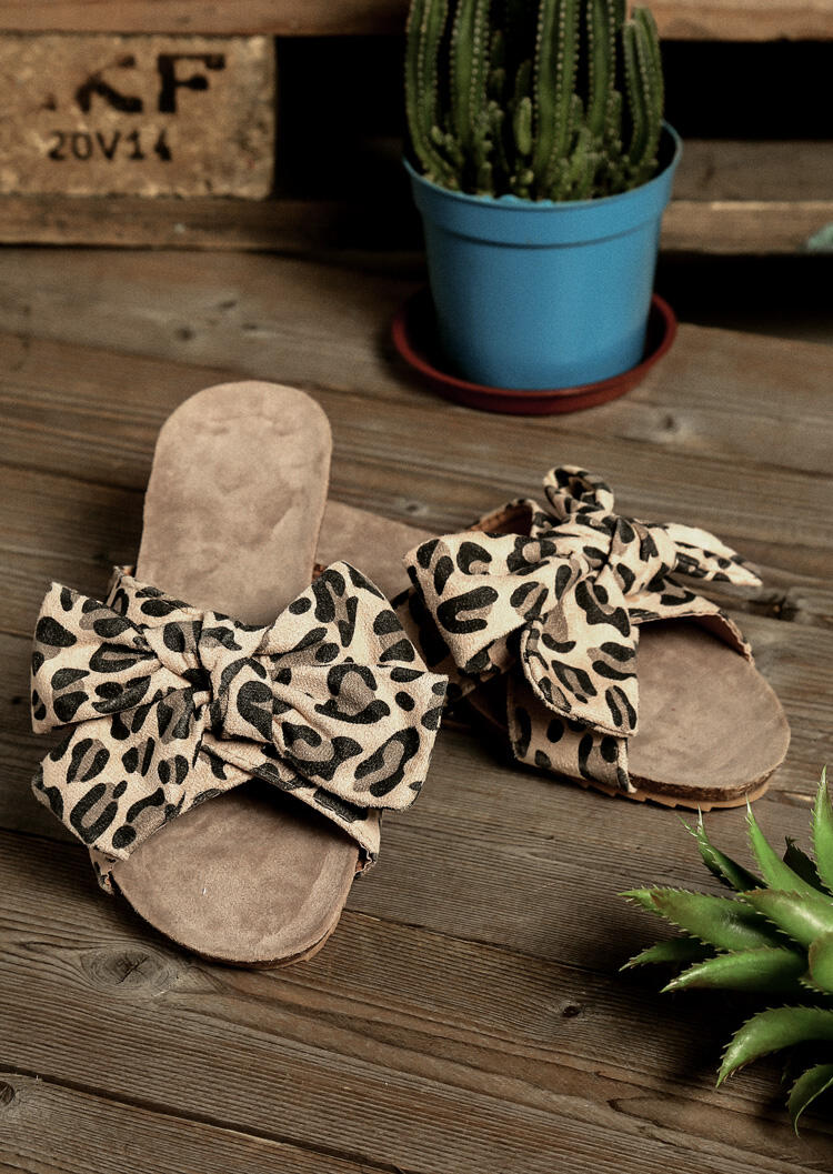 Leopard Printed Bowknot Beach Slippers - Leopard