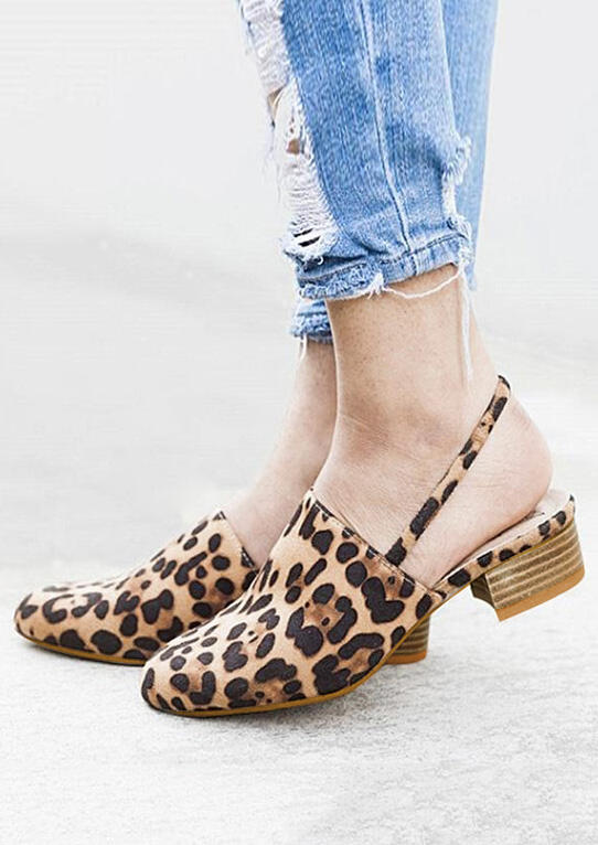 Leopard Printed Round Toe Heeled Sandals - Leopard