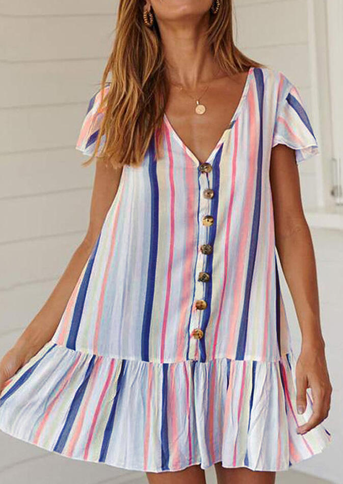 Striped V-Neck Mini Dress without Necklace - Blue