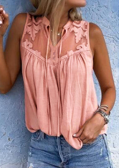 Solid Lace Floral Splicing Tank - Pink