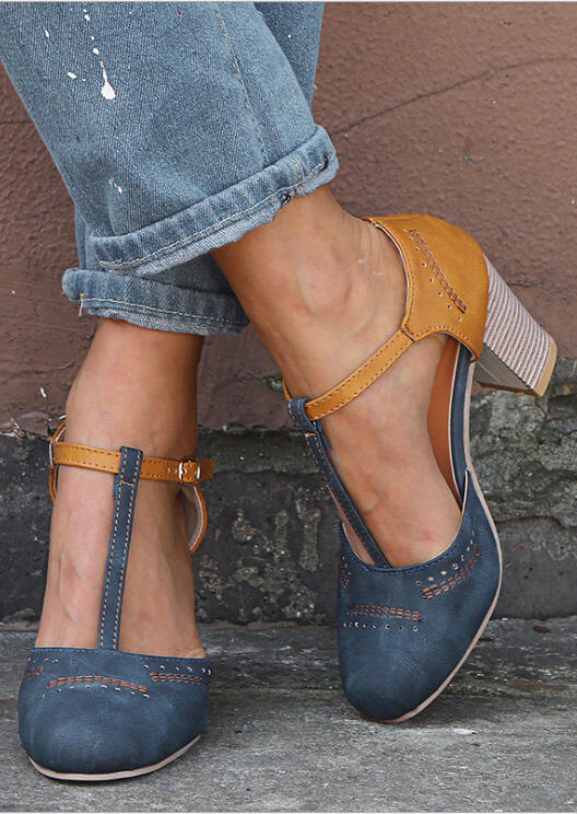 T-Strap Round Toe Heels - Blue