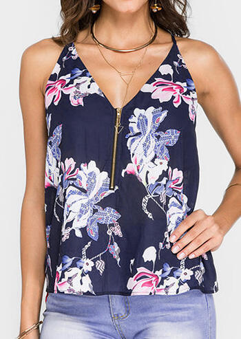 Floral Zipper V-Neck Camisole without Necklace - Blue
