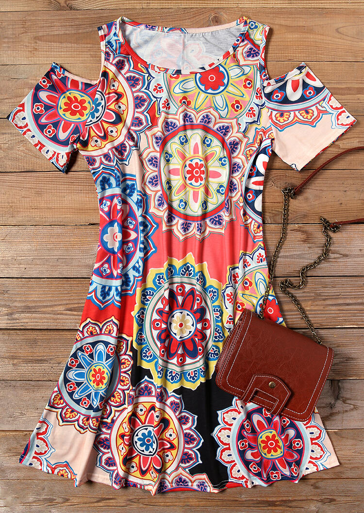 Mandala Cold Shoulder Mini Dress without Necklace - Multicolor