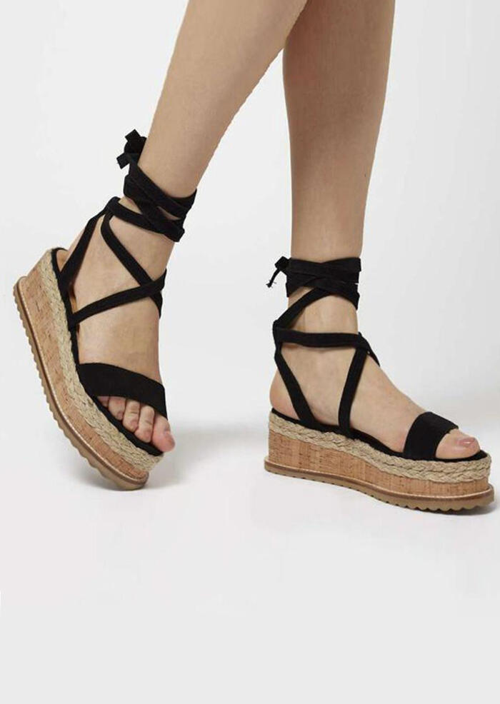 Solid Ankle Wrap Wedge Sandals - Black - Bellelily