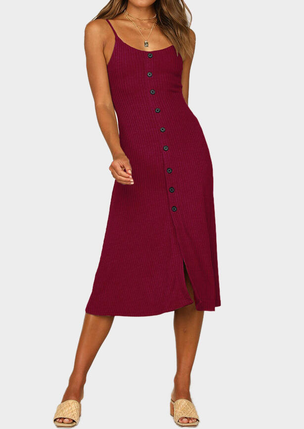 Solid Knitted Sleeveless Casual Dress without Necklace - Burgundy