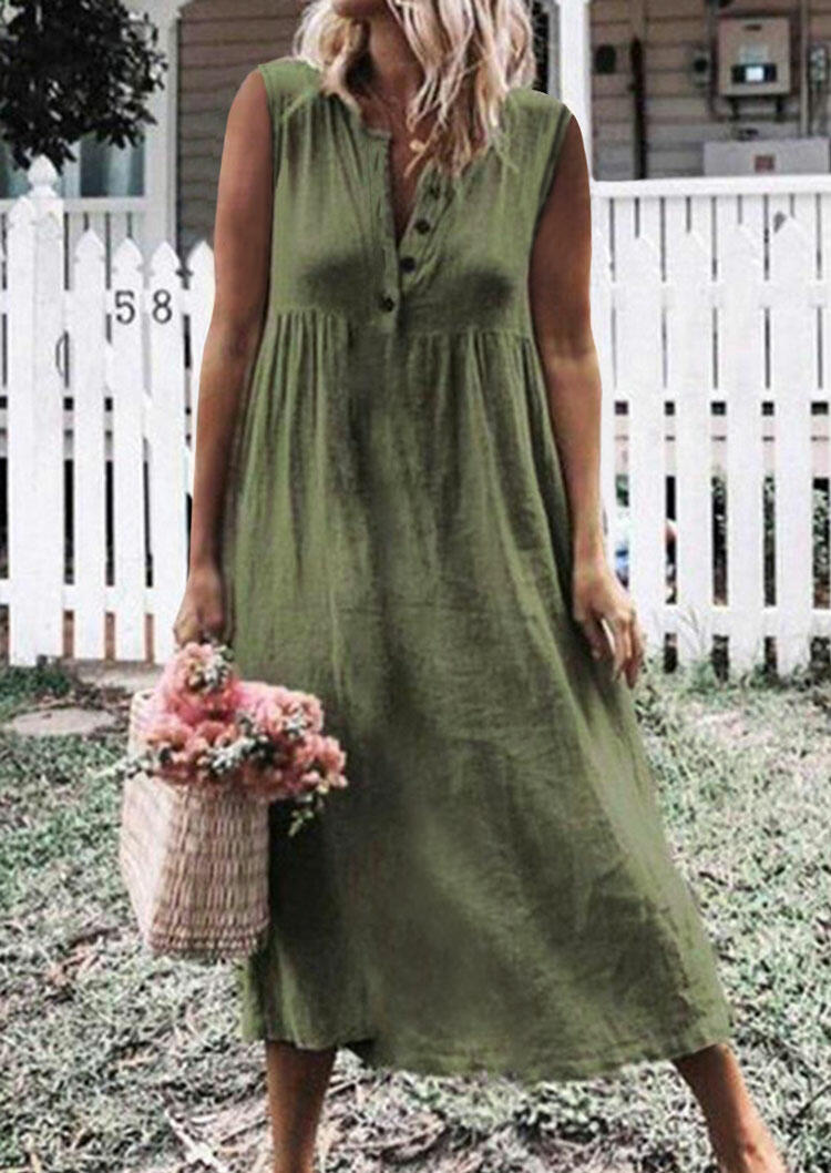 Solid Button Deep V-Neck Casual Dress - Army Green