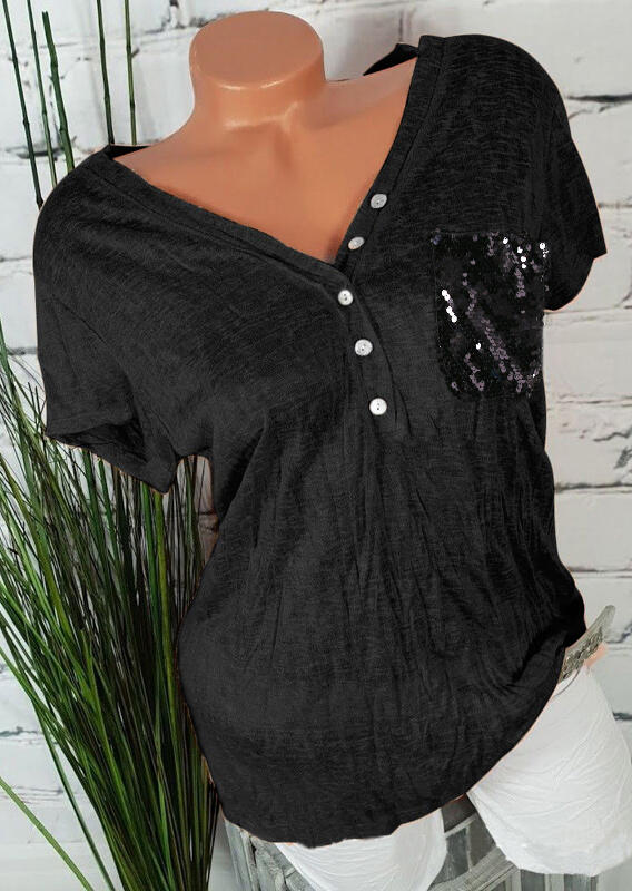 Sequined Button Pocket Blouse - Black