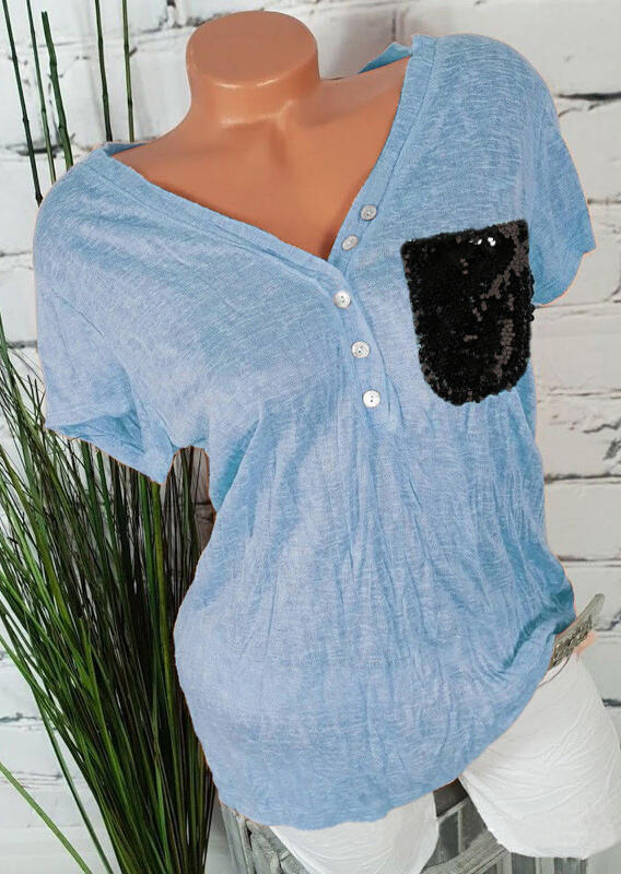 Sequined Button Pocket Blouse - Light Blue