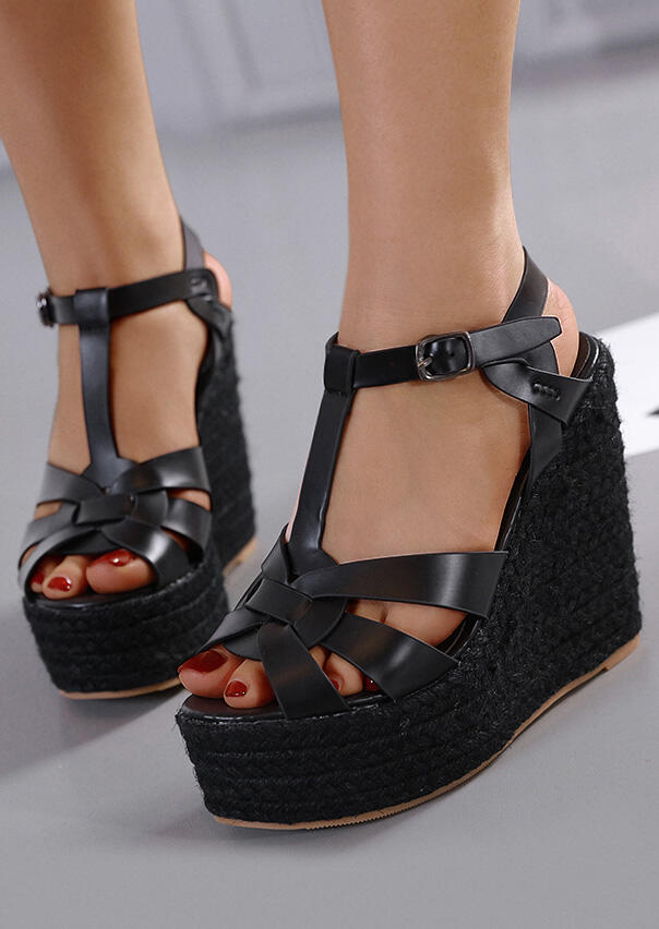 Solid Buckle Strap Wedges Sandals- Black