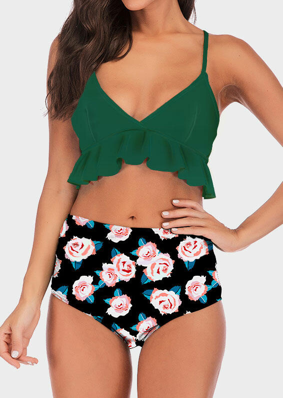 Floral Ruffled High Waist Bikini Set - Green