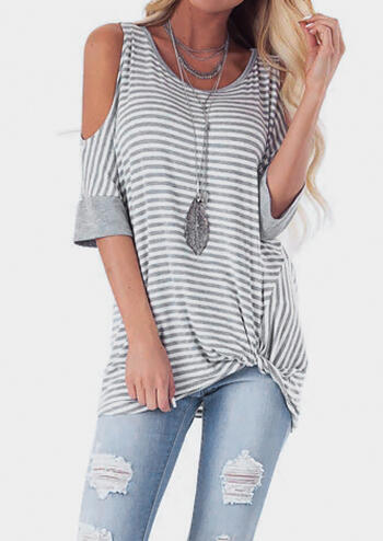 Striped Cold Shoulder Blouse without Necklace - Gray
