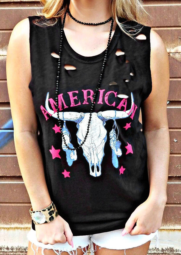 American Steer Skull Hollow Out Tank without Necklace - Black