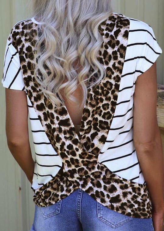Leopard Print Open Back Blouse - Stripe
