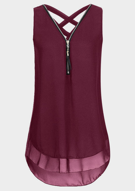 Solid Criss- Cross Zipper Tank - Burgundy