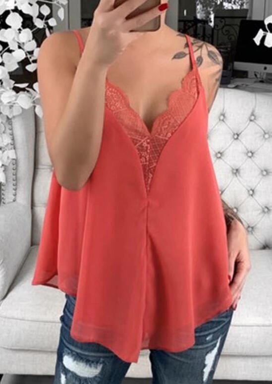 Solid Lace Spaghetti Strap Camisole - Watermelon Red