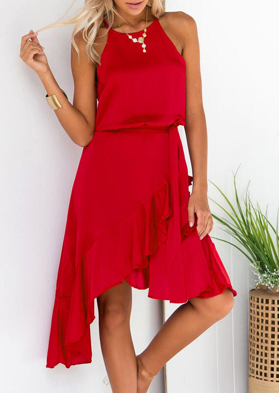 Solid Ruffled Irregular Casual Dress without Necklace - Red