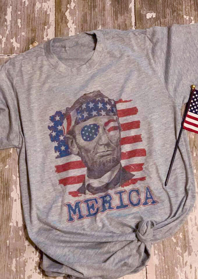 Merica Lincoln American Flag T-Shirt Tee - Gray