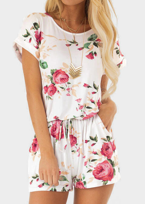 Floral Drawstring Pocket Romper without Necklace - White