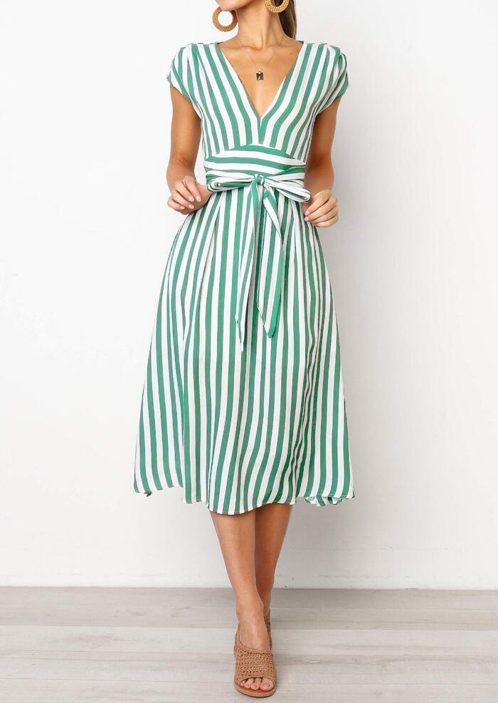 Striped V-Neck Casual Dress without Necklace - Green