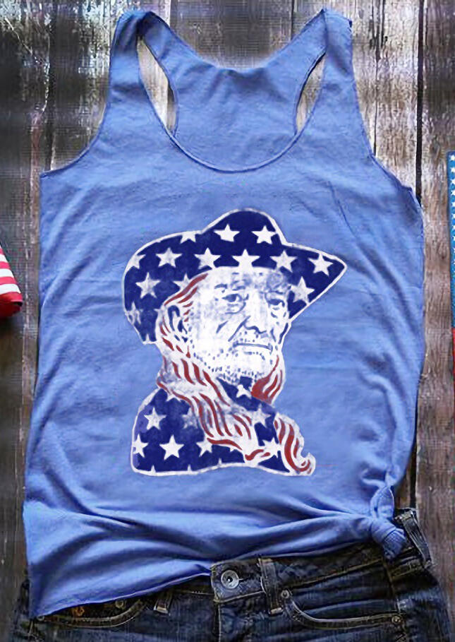 American Flag Willie Nelson Tank - Light Blue