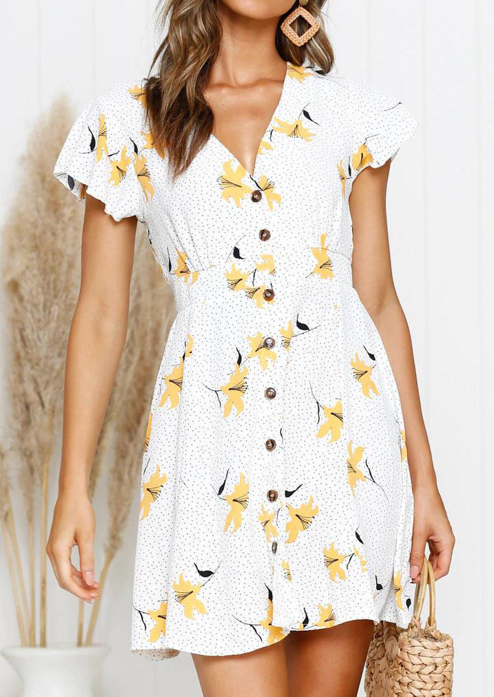 Floral Button V-Neck Mini Dress - White