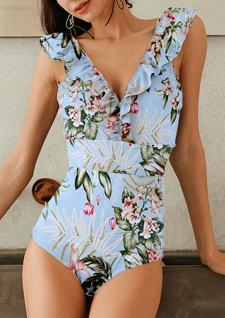 Printed Ruffled V-Neck One-Piece Swimsuit - Light Blue