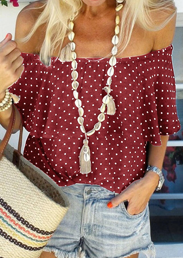 Polka Dot Off Shoulder Blouse without Necklace - Burgundy