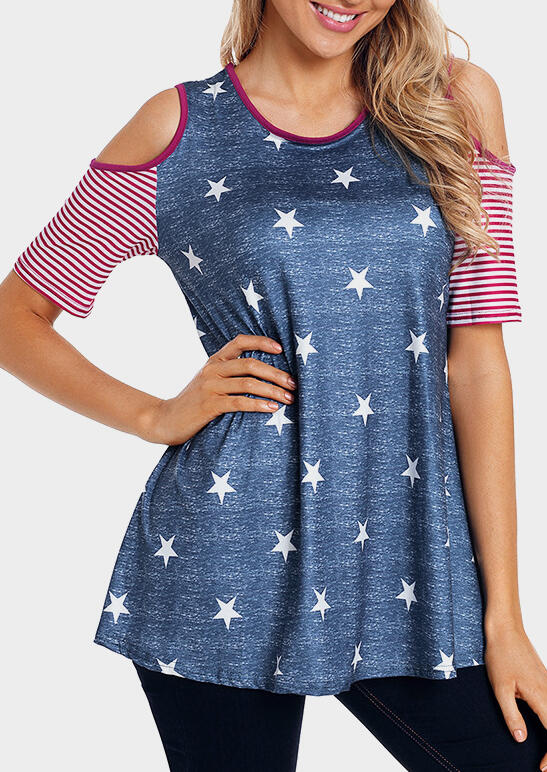 American Flag Cold Shoulder Blouse - Deep Blue