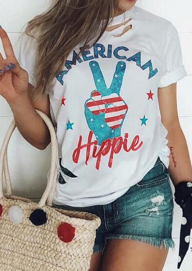 

American Flag American Hippie T-Shirt Tee - White, 449053