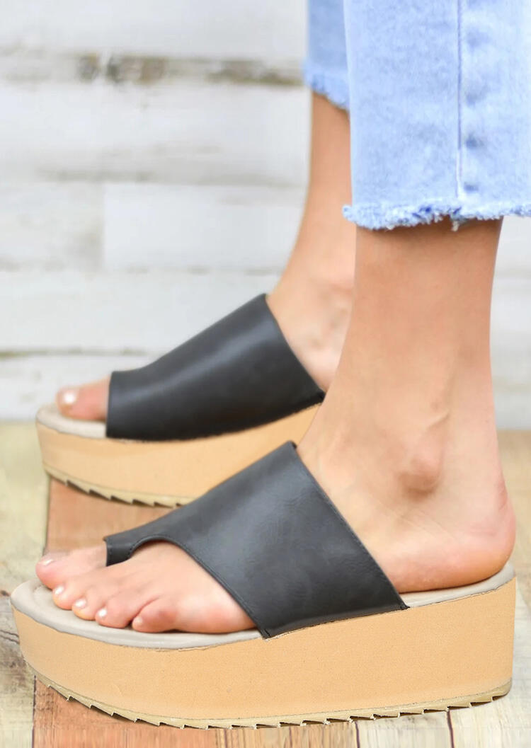 Solid Round Toe Platform Slippers - Gray